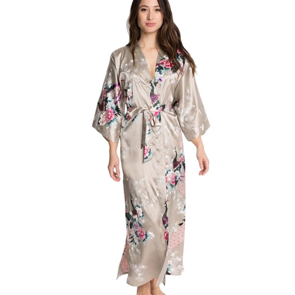 Silk-Feel Floral Kimono Robe in Taupe